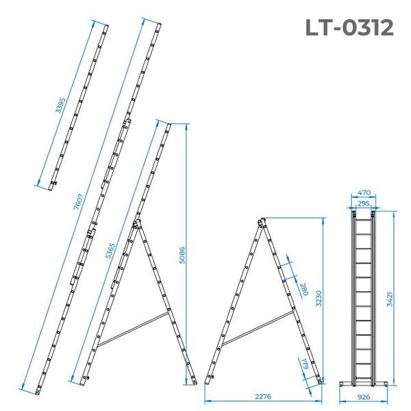 Лестница алюминиевая 3-секционная раскладная, 3*12 ступ., 7,60 м Intertool LT-0312 LT-0312 фото