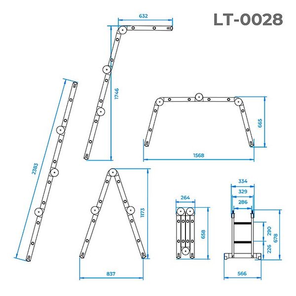 Драбина з алюмінію, багатофункціональна, трансформер, 4*2, 2,38 м Intertool LT-0028 LT-0028 фото