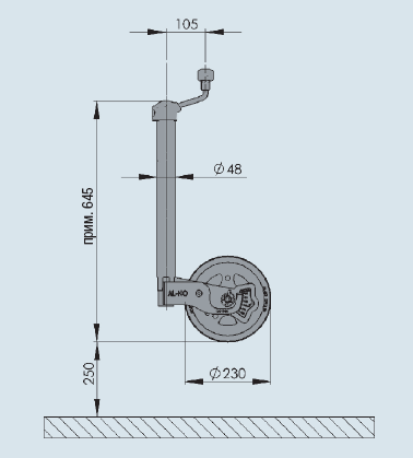 Опорное колесо прицепа AL-KO d48 мм с указателем нагрузки длина 645 мм стальной диск 300 кг (1221695) 1221695 фото