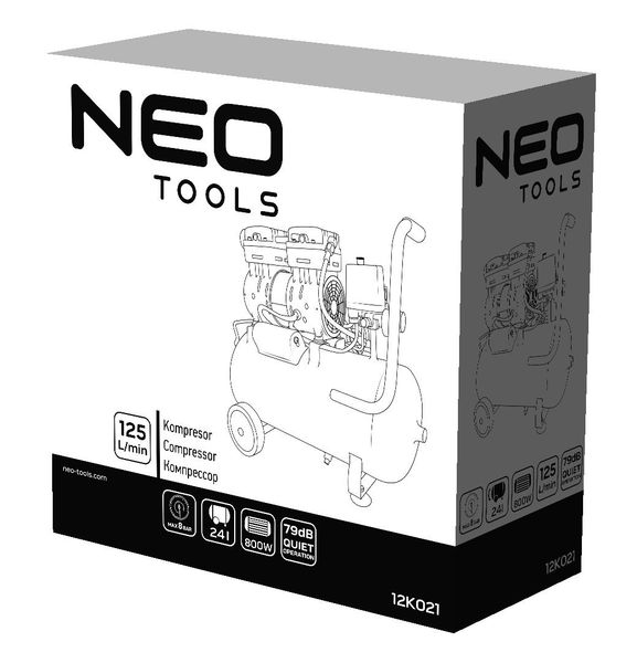 Neo Tools Компресор, безмасляний, 230В, 24л, 8 Бар, 125л/хв, 800Вт, асинхронний двигун, IP20 12K021 фото