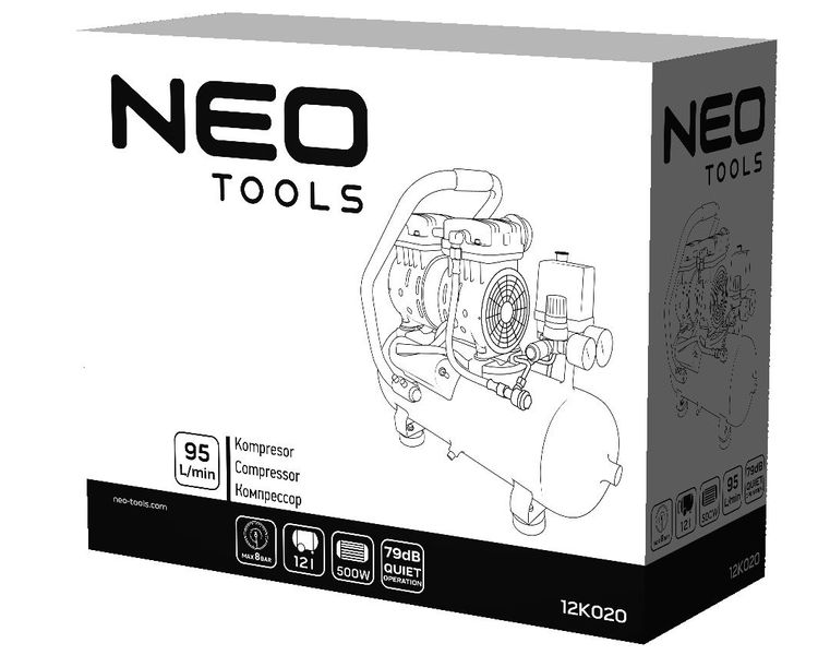 Neo Tools 12K020 Компресор, безмасляний, 230В, 12л, 8 Бар, 105л/хв, 500Вт, прямий привід, індукційний, IP20 12K020 фото